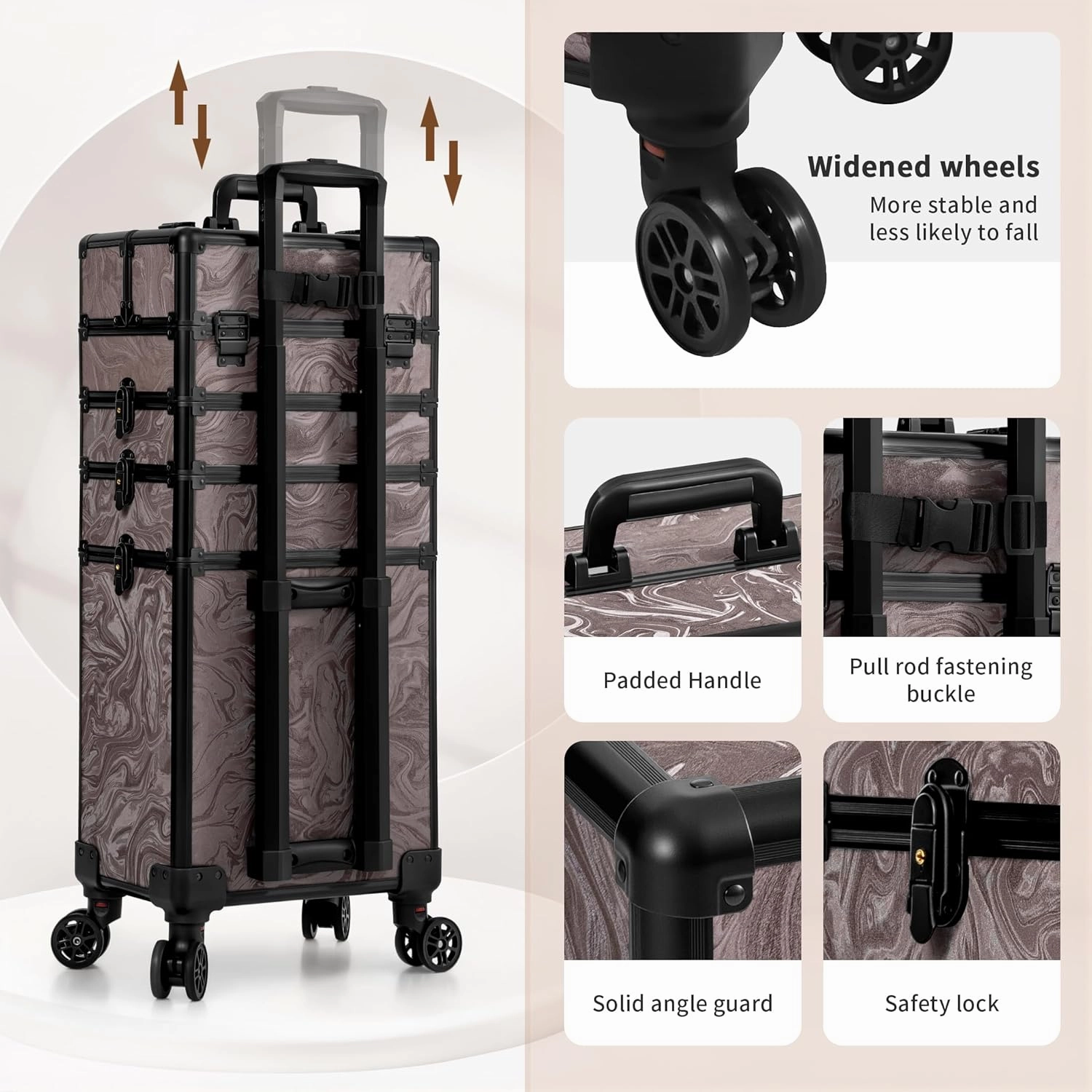 Rolling Makeup Train Case 5 in 1 Cosmetic Trolley Organizer Travel Lockable Salon Barber Cart Trunk with Wheels for Women Hairstylist Artist Trave Nail, Brown Ink
