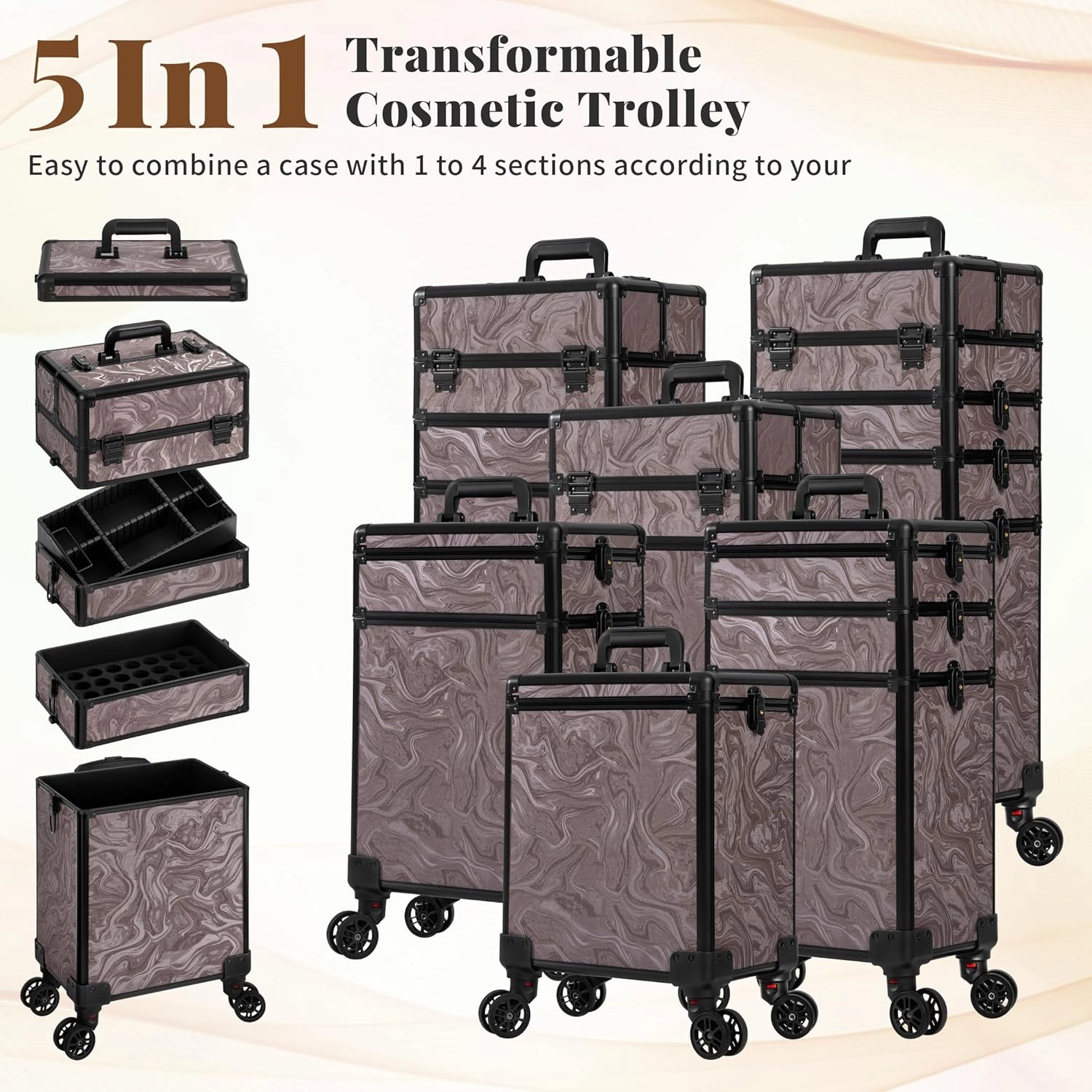 Rolling Makeup Train Case 5 in 1 Cosmetic Trolley Organizer Travel Lockable Salon Barber Cart Trunk with Wheels for Women Hairstylist Artist Trave Nail, Brown Ink