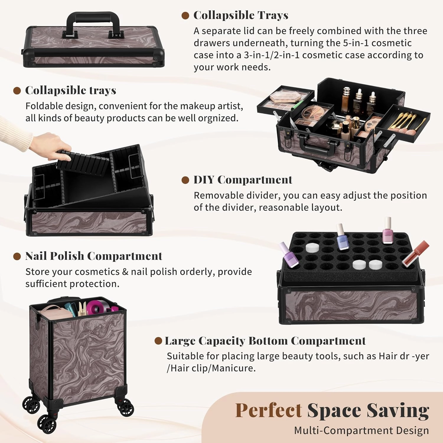Rolling Makeup Train Case 5 in 1 Cosmetic Trolley Organizer Travel Lockable Salon Barber Cart Trunk with Wheels for Women Hairstylist Artist Trave Nail, Brown Ink