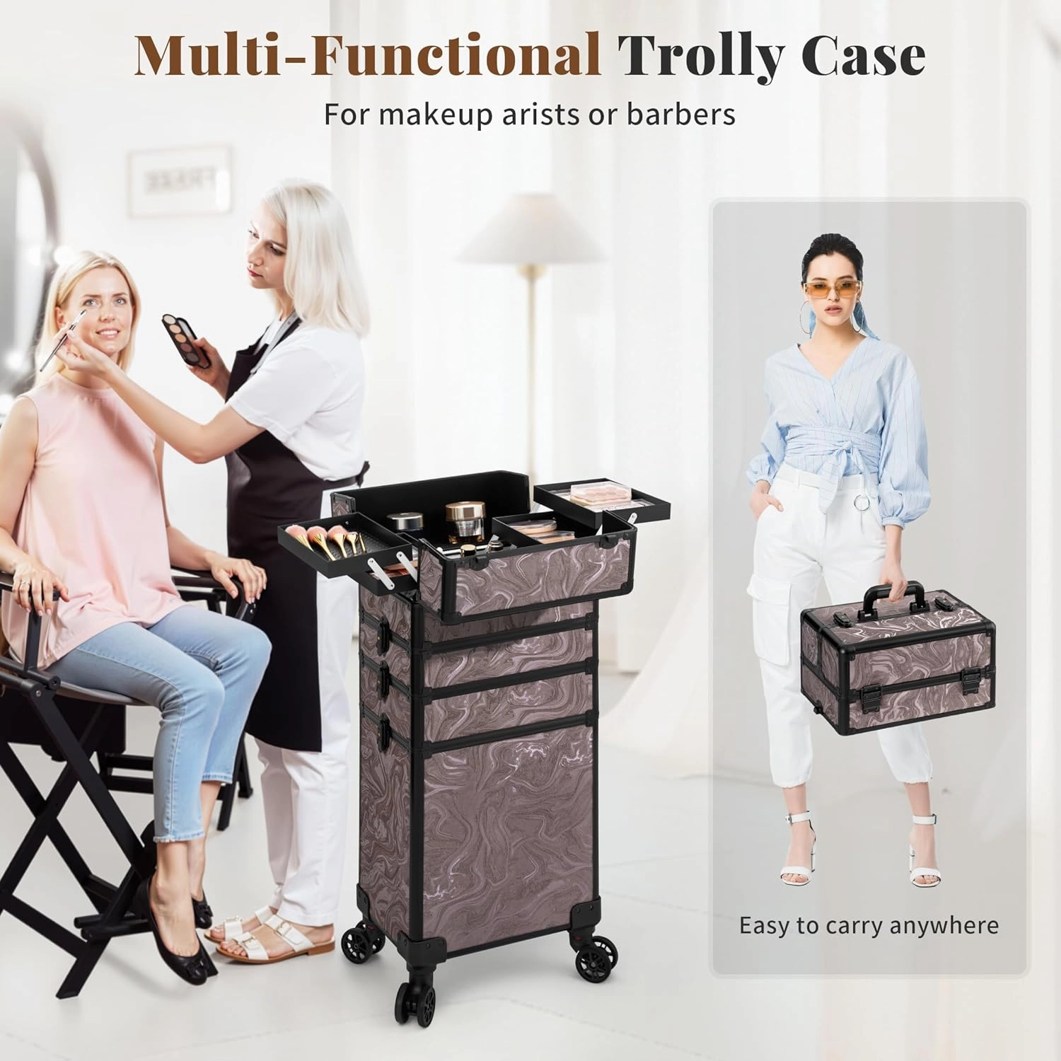 Rolling Makeup Train Case 5 in 1 Cosmetic Trolley Organizer Travel Lockable Salon Barber Cart Trunk with Wheels for Women Hairstylist Artist Trave Nail, Brown Ink