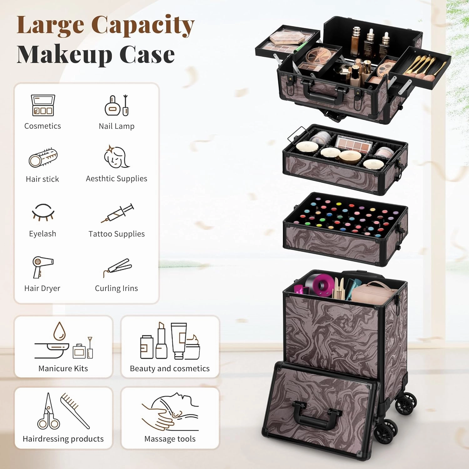 Rolling Makeup Train Case 5 in 1 Cosmetic Trolley Organizer Travel Lockable Salon Barber Cart Trunk with Wheels for Women Hairstylist Artist Trave Nail, Brown Ink