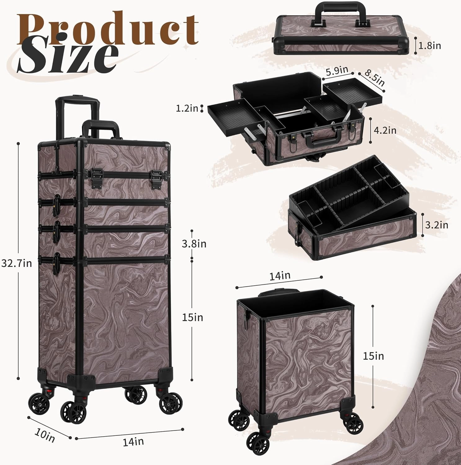 Rolling Makeup Train Case 5 in 1 Cosmetic Trolley Organizer Travel Lockable Salon Barber Cart Trunk with Wheels for Women Hairstylist Artist Trave Nail, Brown Ink