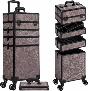 Rolling Makeup Train Case 5 in 1 Cosmetic Trolley Organizer Travel Lockable Salon Barber Cart Trunk with Wheels for Women Hairstylist Artist Trave Nail, Brown Ink