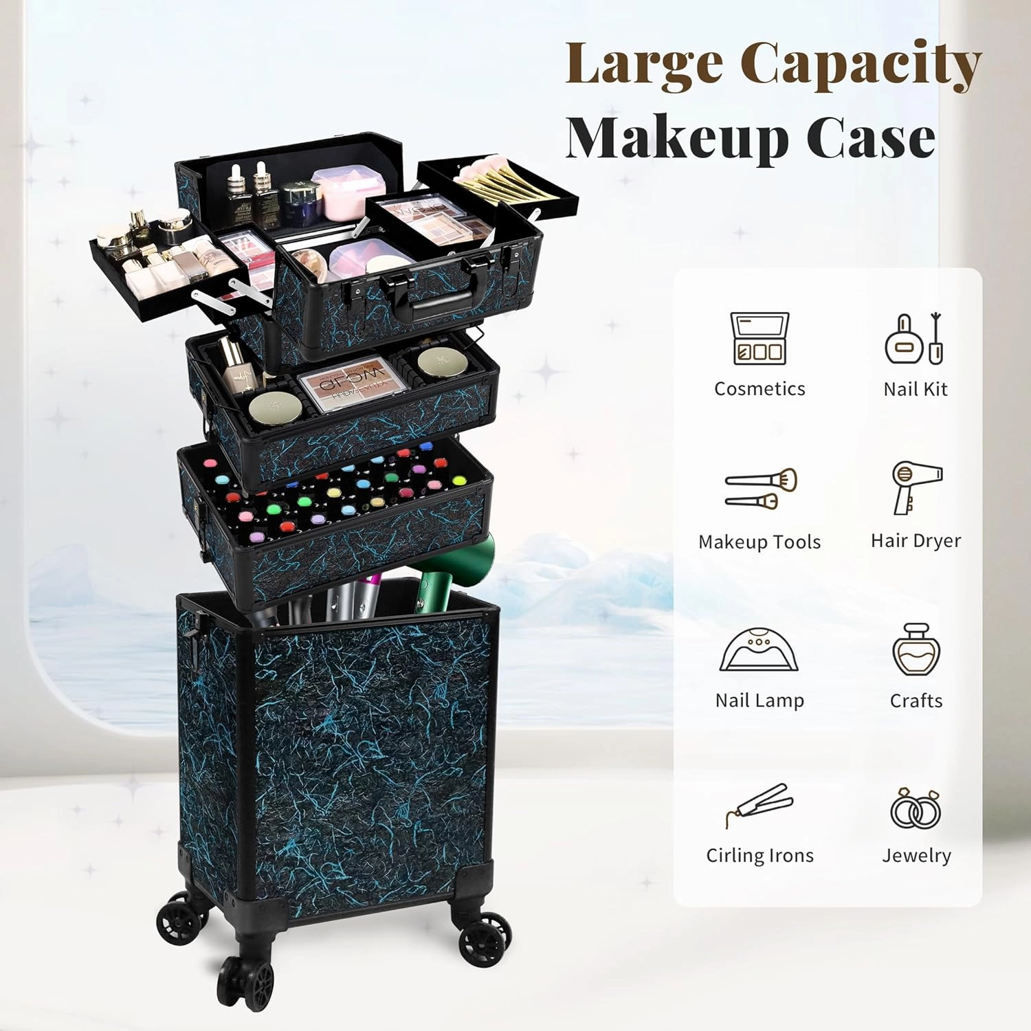 Rolling Makeup Train Case Large Storage Cosmetic Trolley 5 in 1 Large Capacity Trolley Makeup Travel Case with Key Swivel Wheels Salon Barber Case Traveling Cart Trunk, Blue