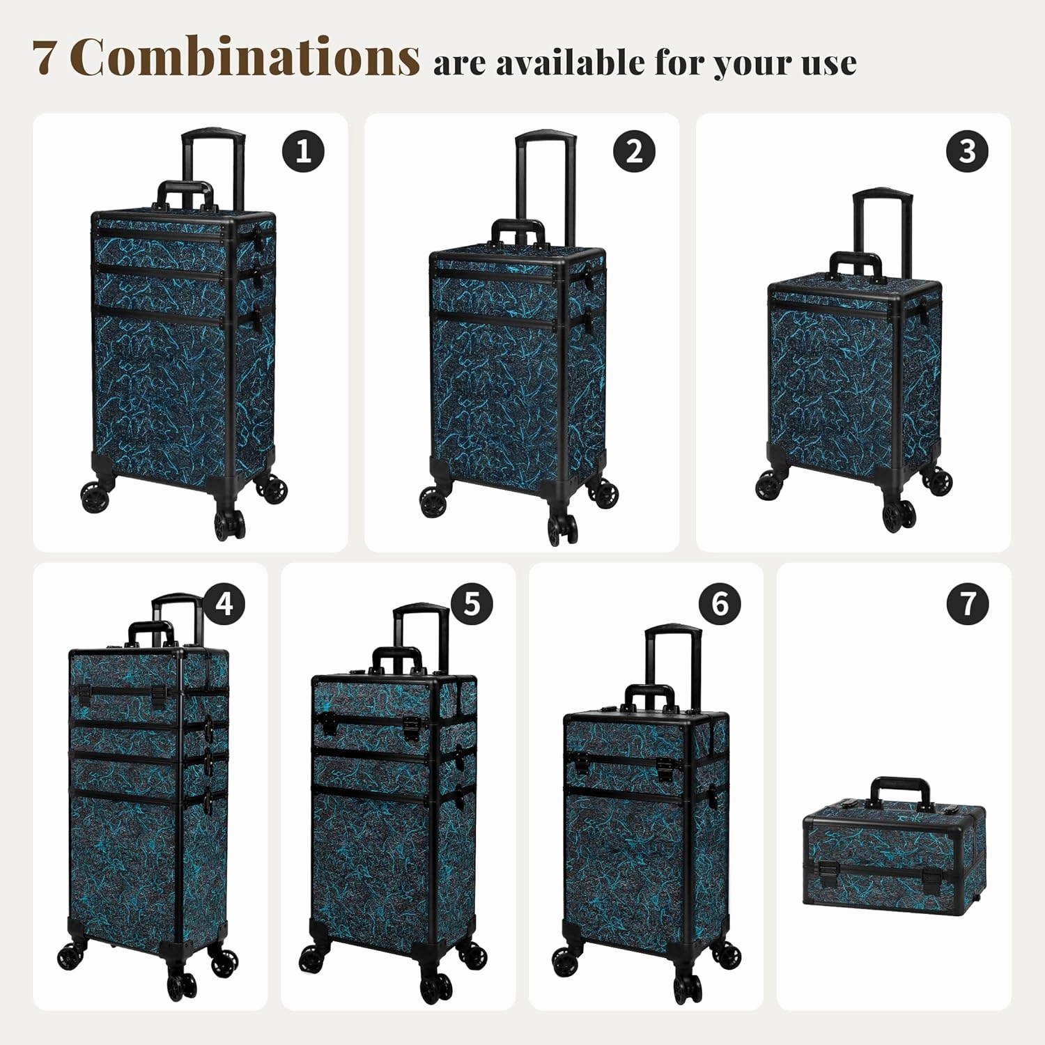Rolling Makeup Train Case Large Storage Cosmetic Trolley 5 in 1 Large Capacity Trolley Makeup Travel Case with Key Swivel Wheels Salon Barber Case Traveling Cart Trunk, Blue