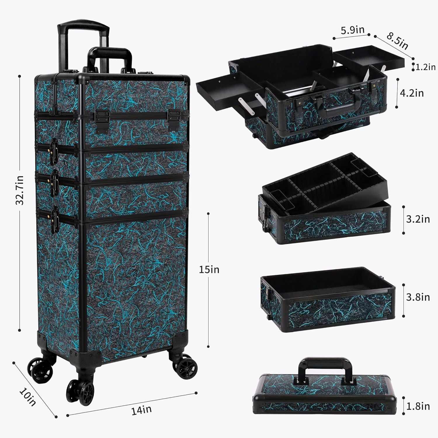 Rolling Makeup Train Case Large Storage Cosmetic Trolley 5 in 1 Large Capacity Trolley Makeup Travel Case with Key Swivel Wheels Salon Barber Case Traveling Cart Trunk, Blue