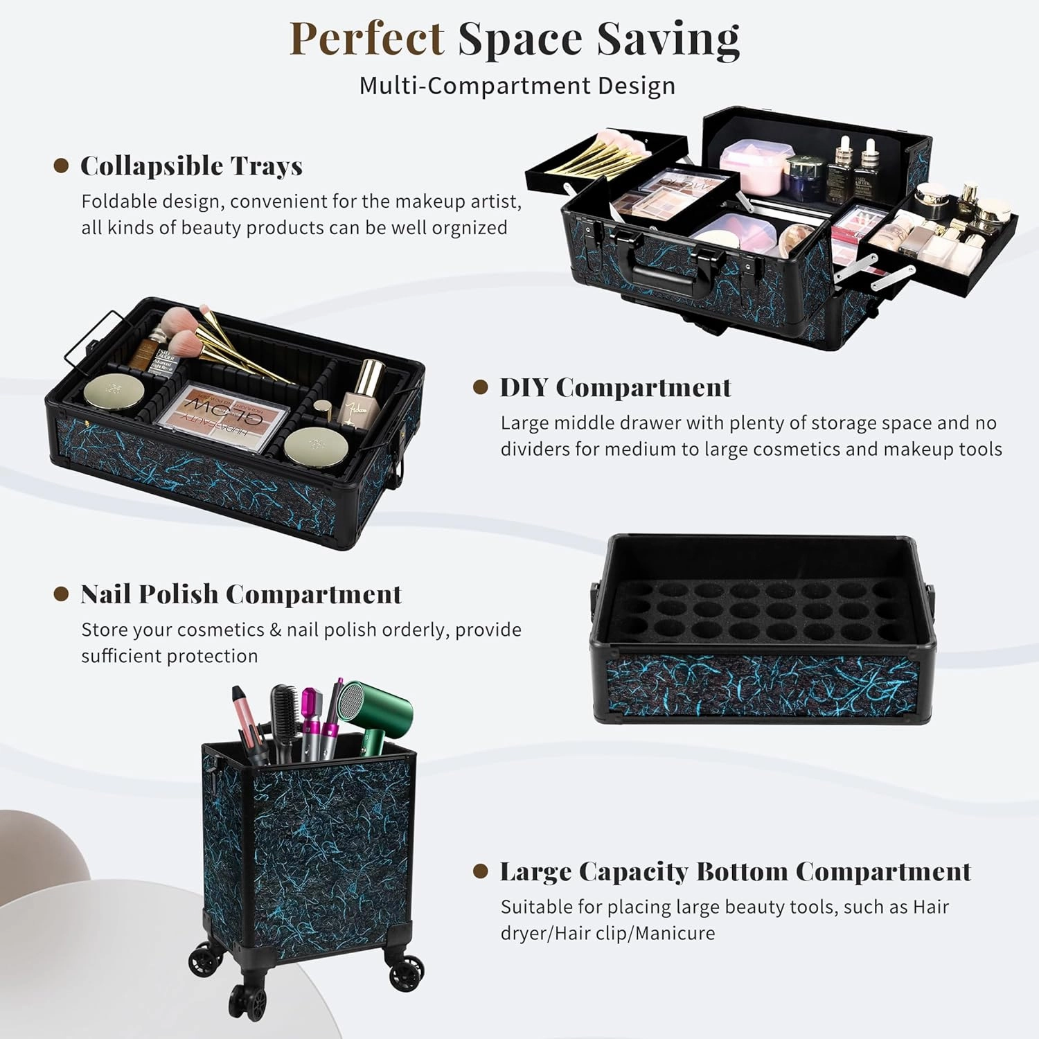 Rolling Makeup Train Case Large Storage Cosmetic Trolley 5 in 1 Large Capacity Trolley Makeup Travel Case with Key Swivel Wheels Salon Barber Case Traveling Cart Trunk, Blue