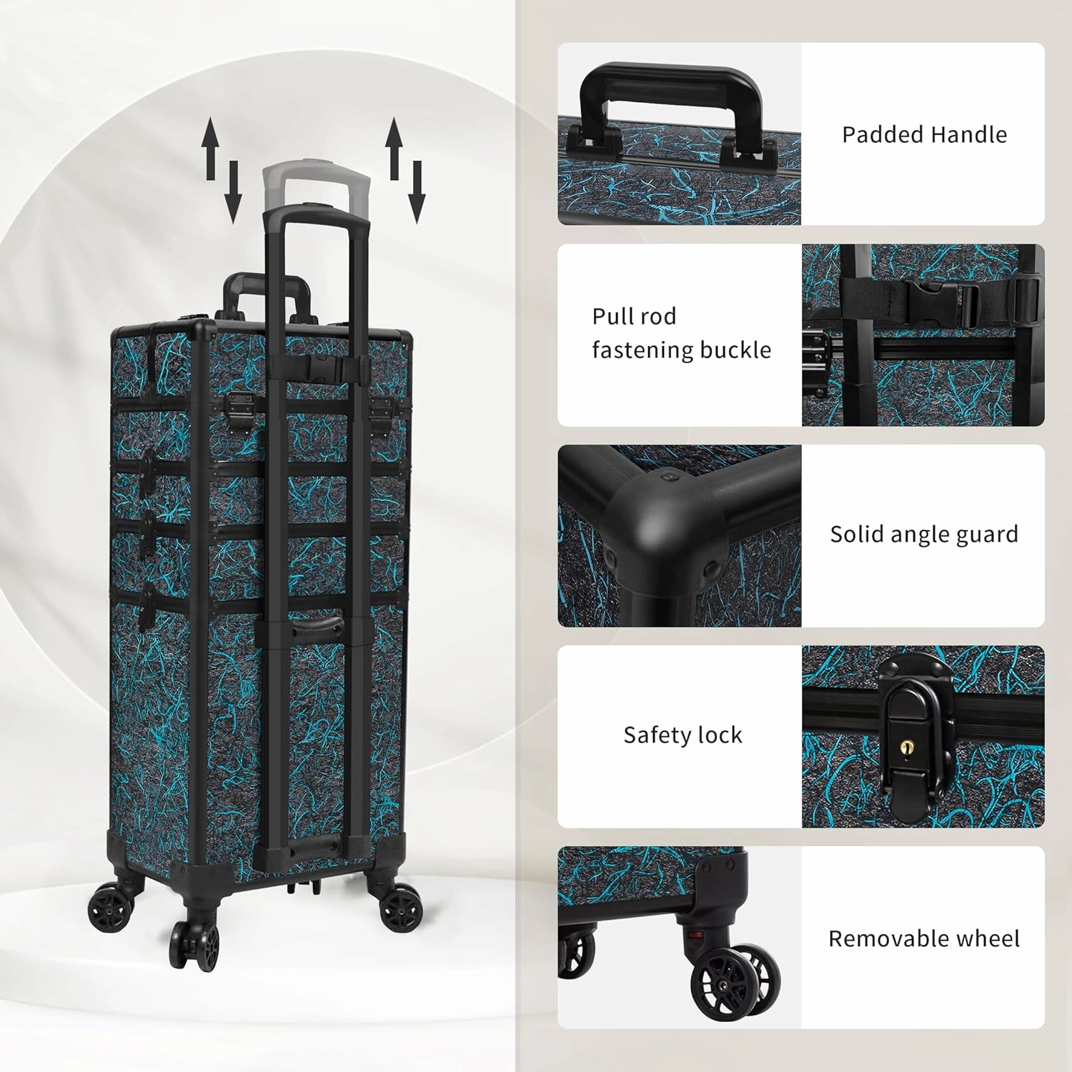 Rolling Makeup Train Case Large Storage Cosmetic Trolley 5 in 1 Large Capacity Trolley Makeup Travel Case with Key Swivel Wheels Salon Barber Case Traveling Cart Trunk, Blue