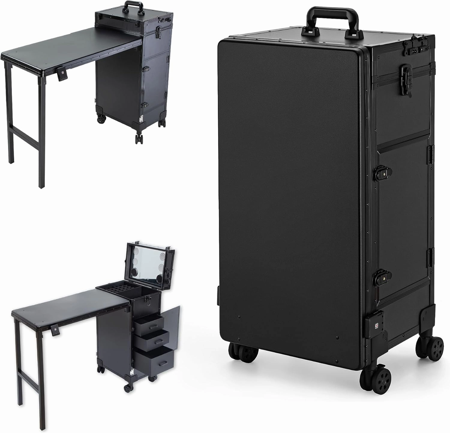 Rolling Makeup Train Case Large Storage Cosmetic Trolley with Collapsible Nail Table Nail Makeup Organizer with LED Mirror 4 Drawer TSA Lock (Black)