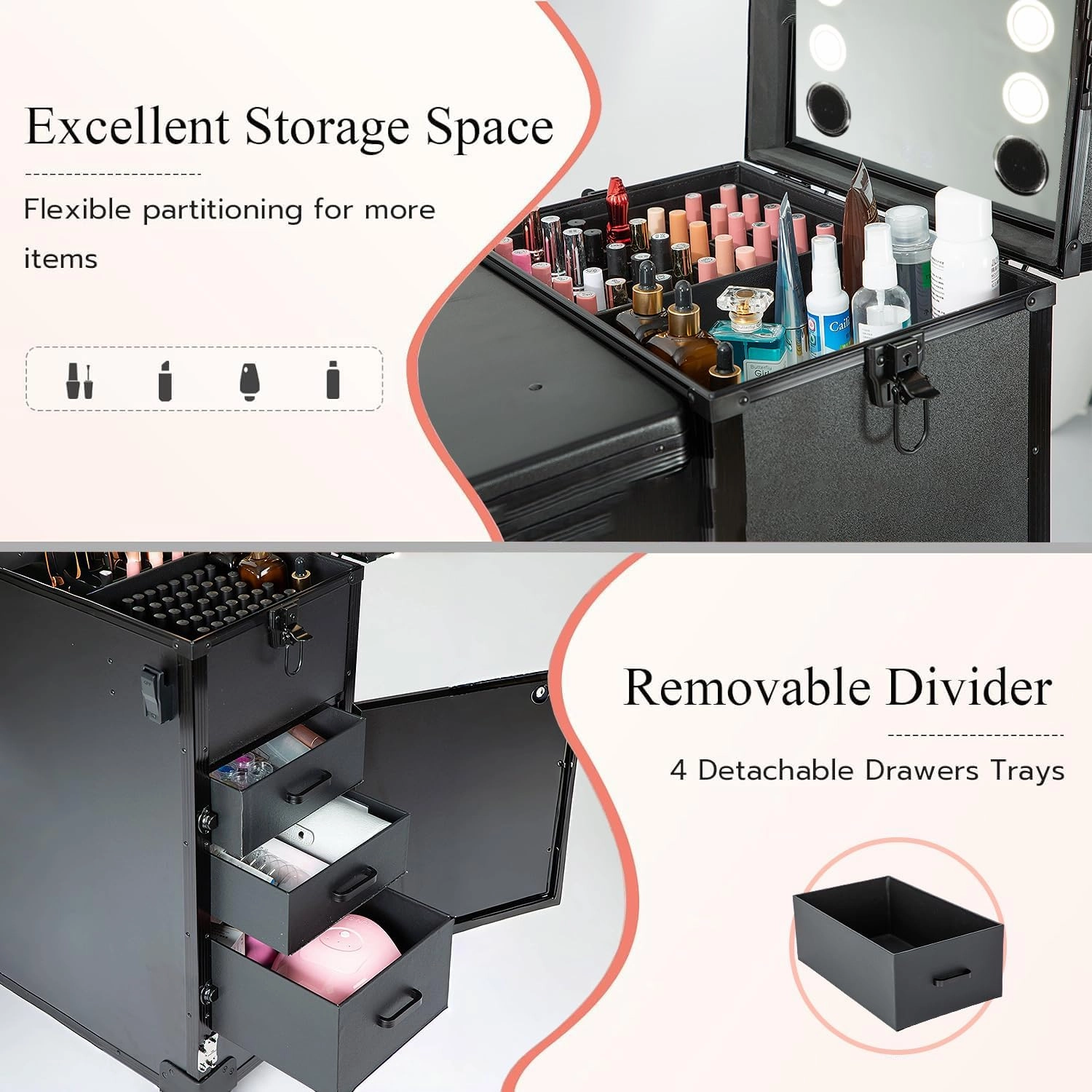 Rolling Makeup Train Case Large Storage Cosmetic Trolley with Collapsible Nail Table Nail Makeup Organizer with LED Mirror 4 Drawer TSA Lock (Black)