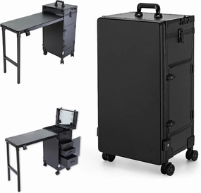 Rolling Makeup Train Case Large Storage Cosmetic Trolley with Collapsible Nail Table Nail Makeup Organizer with LED Mirror 4 Drawer TSA Lock (Black)