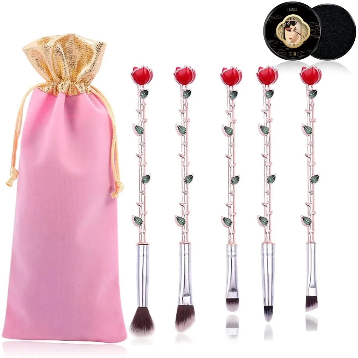 Rose Enchanted Makeup Brush Set – 5PCS Magic Wand Brushes with Soft Bristles & Metal Handles for Eyeshadow, Blending, Contour | Includes Cleaning Box | Gift for Women & Makeup Lovers (Rose gold)