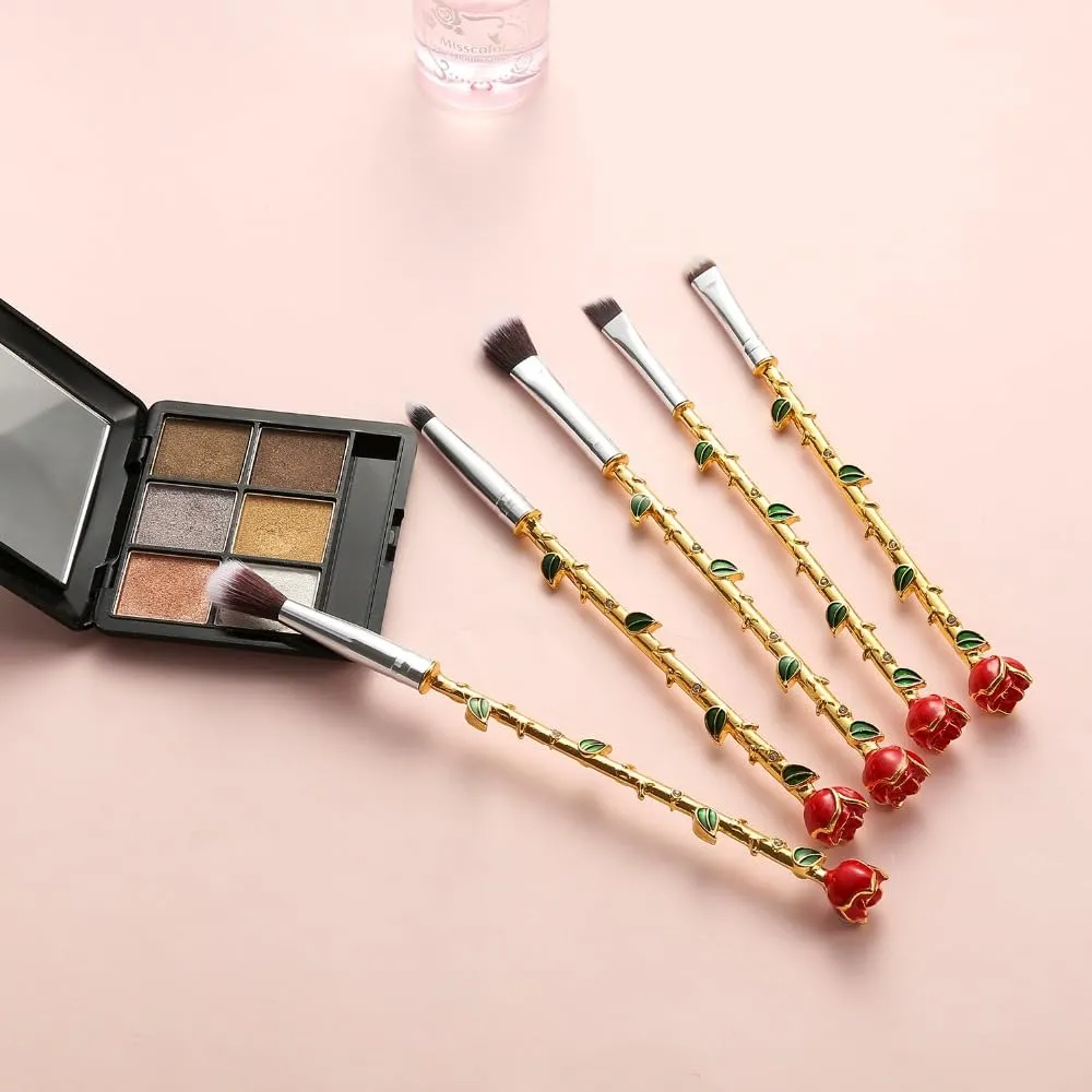 Rose Enchanted Makeup Brush Set – 5PCS Magic Wand Brushes with Soft Bristles & Metal Handles for Eyeshadow, Blending, Contour | Includes Cleaning Box | Gift for Women & Makeup Lovers (Rose gold)