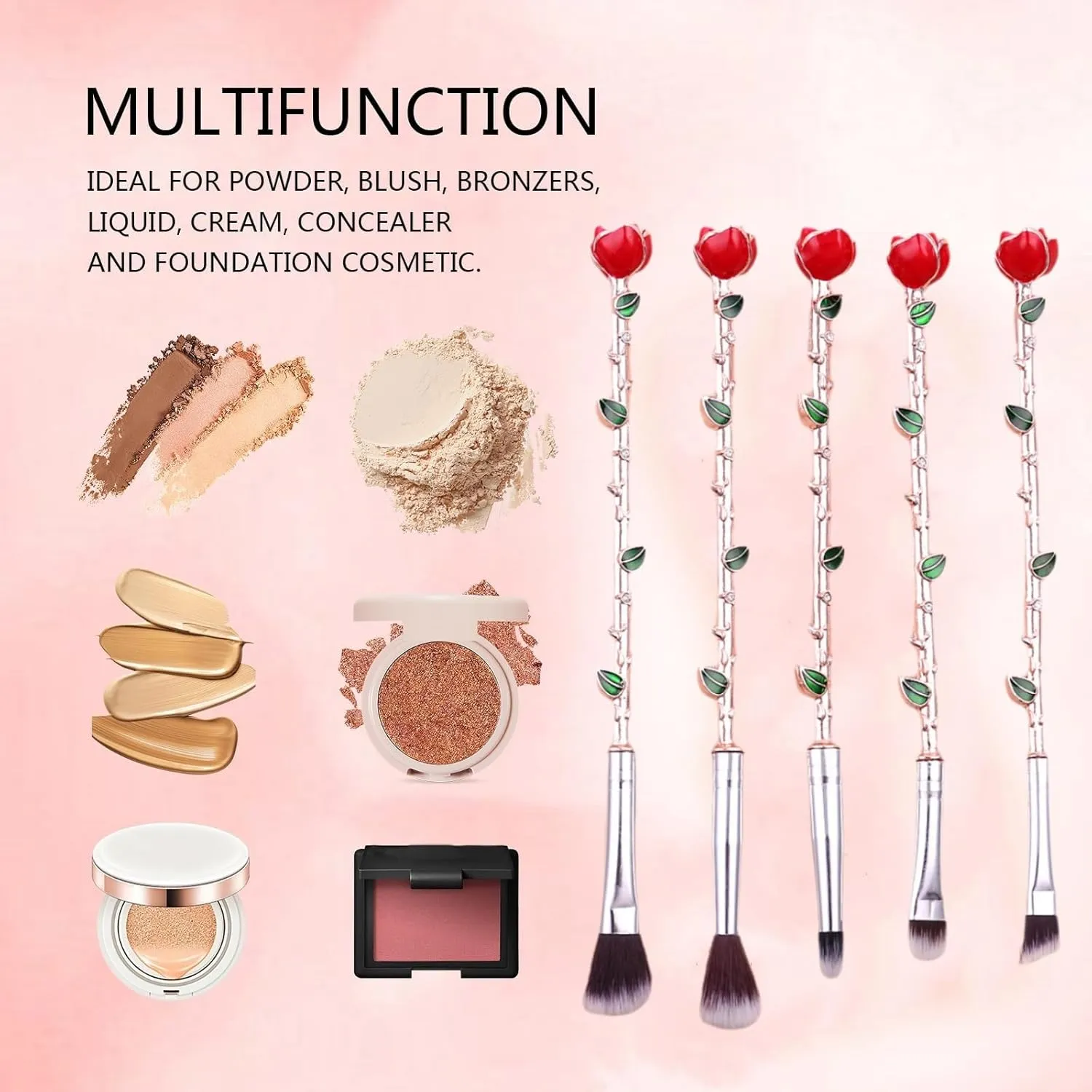 Rose Enchanted Makeup Brush Set – 5PCS Magic Wand Brushes with Soft Bristles & Metal Handles for Eyeshadow, Blending, Contour | Includes Cleaning Box | Gift for Women & Makeup Lovers (Rose gold)