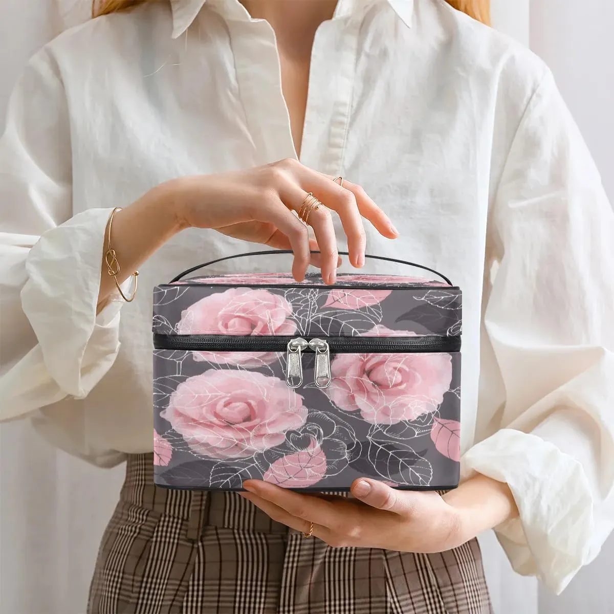 Rose Paint Makeup Bag Small Cosmetic Bag for Women Travel Makeup Case Organizer Portable Zipper Make Up Brush Bag Cute Toiletry Bag Storage Bags with Handle