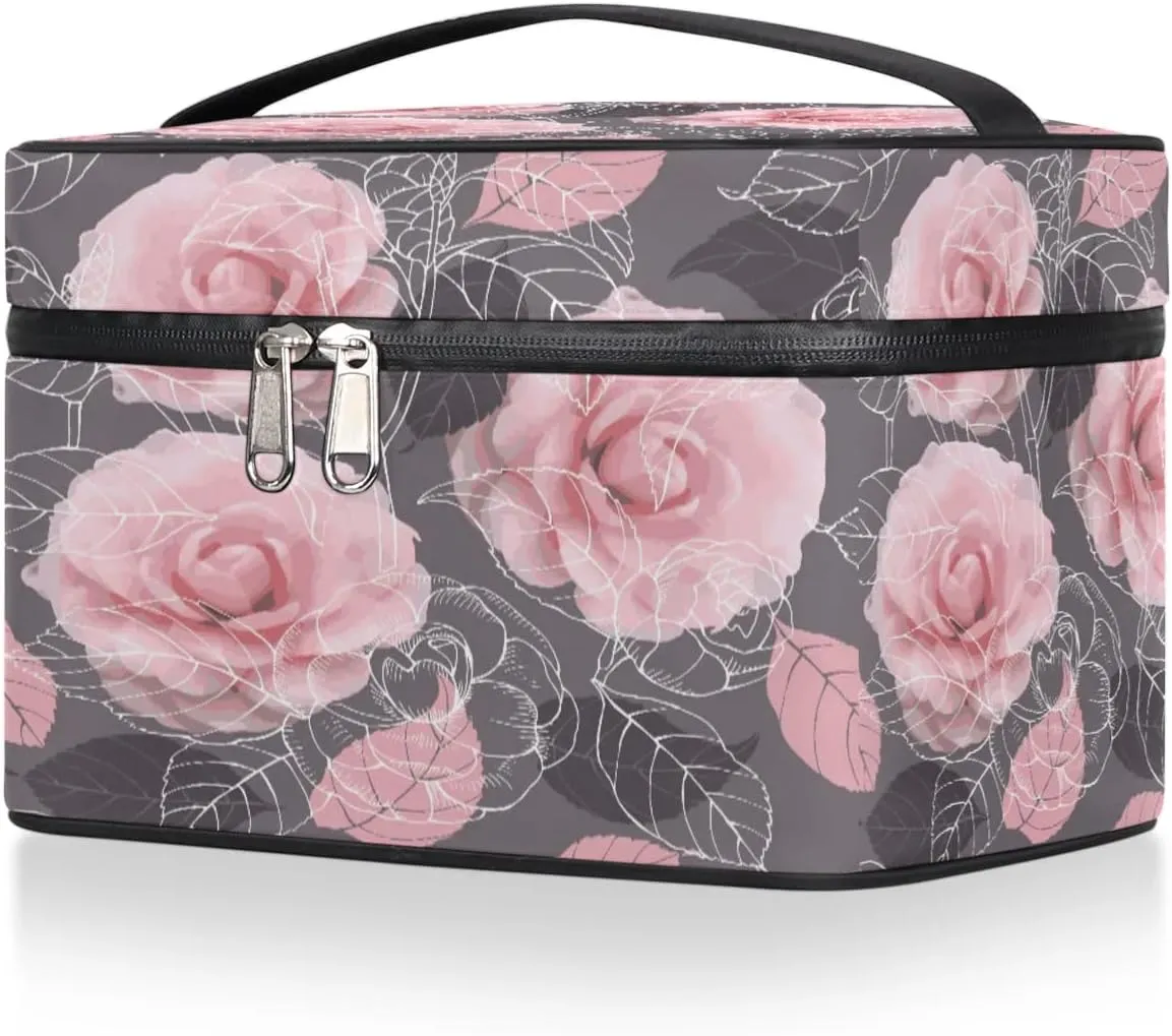 Rose Paint Makeup Bag Small Cosmetic Bag for Women Travel Makeup Case Organizer Portable Zipper Make Up Brush Bag Cute Toiletry Bag Storage Bags with Handle