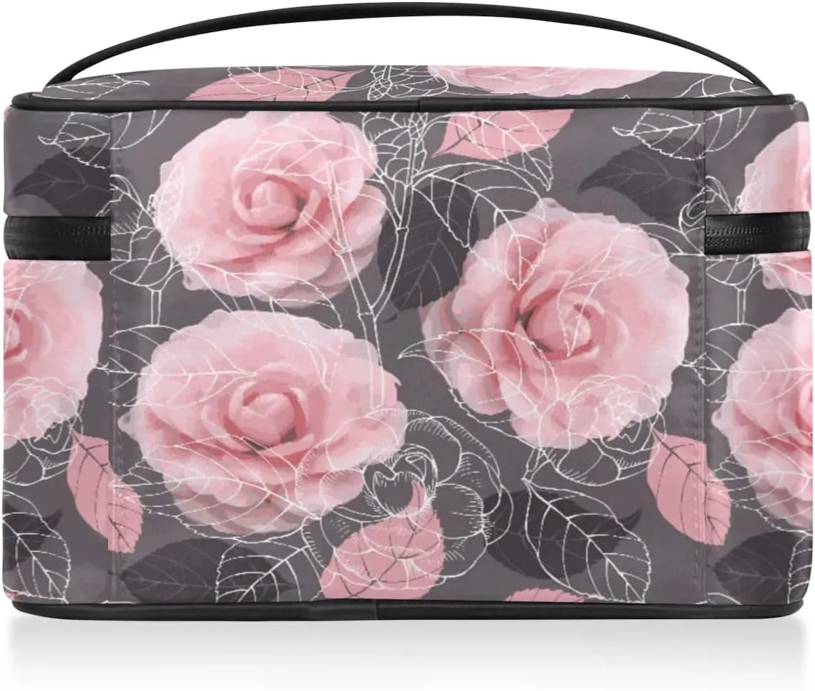 Rose Paint Makeup Bag Small Cosmetic Bag for Women Travel Makeup Case Organizer Portable Zipper Make Up Brush Bag Cute Toiletry Bag Storage Bags with Handle