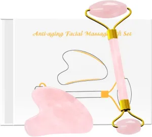 Rose Quartz Face Roller Gua Sha Scraper Set for Facial Massage 100% Natural Pink Crystal Gouache Kit Skin Care Tools,Set-Pu with Box