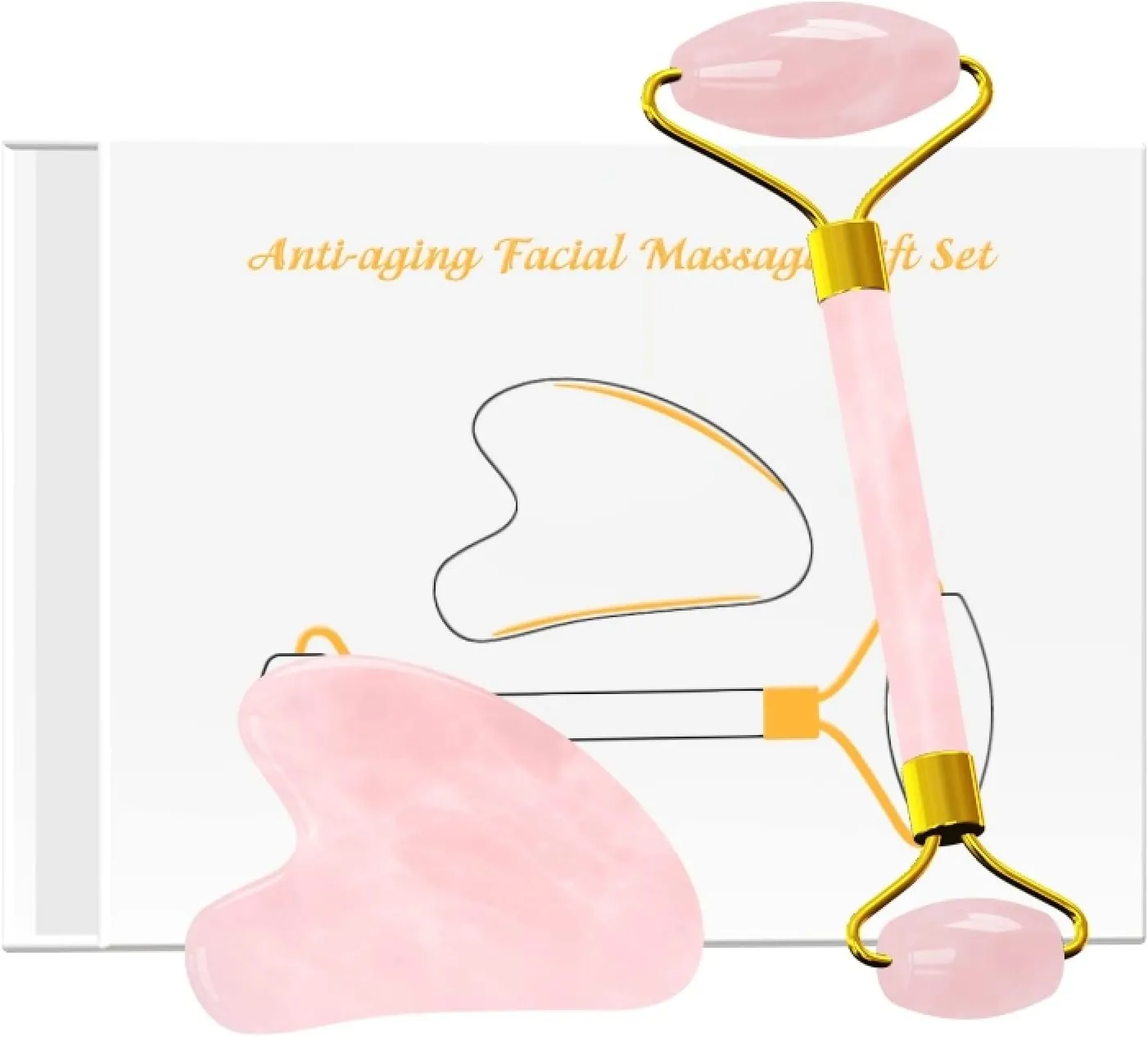 Rose Quartz Face Roller Gua Sha Scraper Set for Facial Massage 100% Natural Pink Crystal Gouache Kit Skin Care Tools,Set-Pu with Box