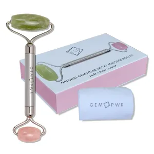Rose Quartz   Jade Roller for Face and Neck Massage, Dual Gemstones with Durable Steel Handle and Travel Bag. Minimize Wrinkles, Reduce Puffiness and Restore Skin's Elasticity and Radiance