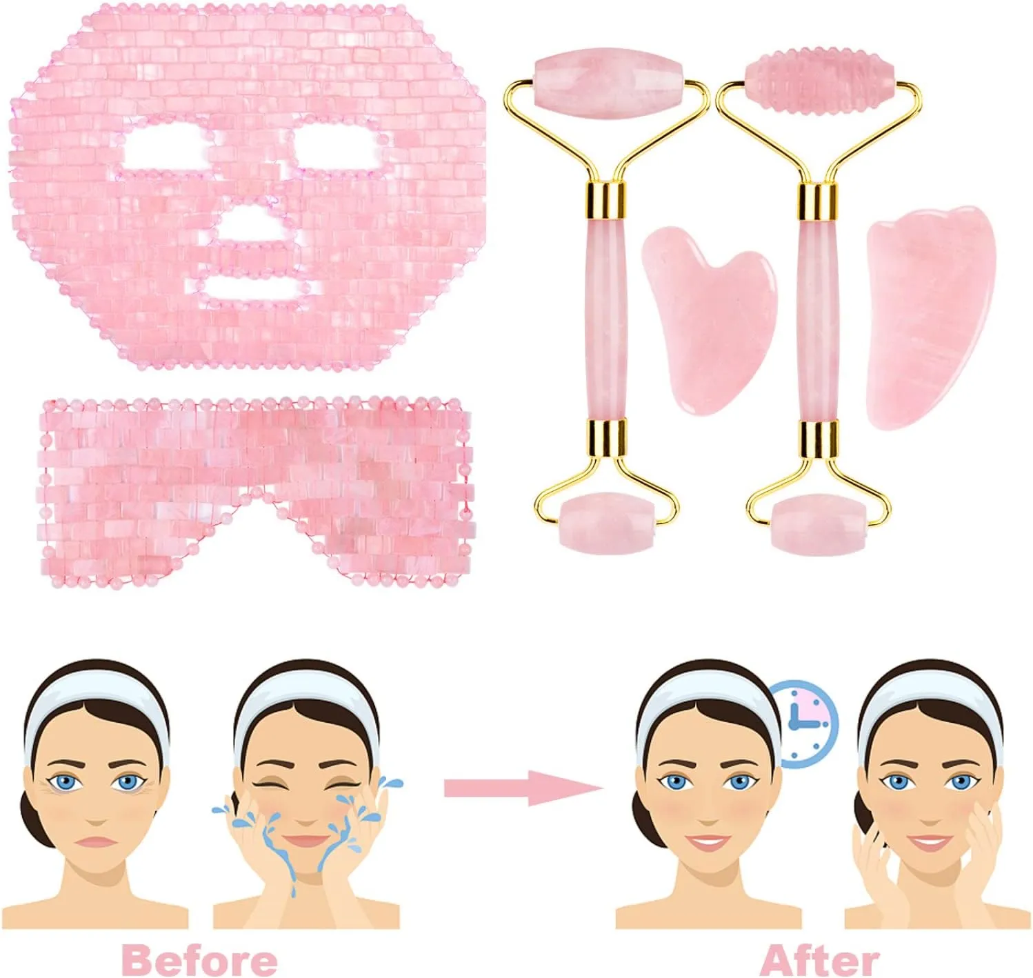 Rose Quartz Roller Gouache Face Eye Mask for Face Lifting Anti-Wrinkle Natural Crystal Facial Care Tool,3in1 Set-Pu-YL