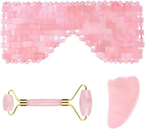 Rose Quartz Roller Gouache Face Eye Mask for Face Lifting Anti-Wrinkle Natural Crystal Facial Care Tool,3in1 Set-Pu-YL