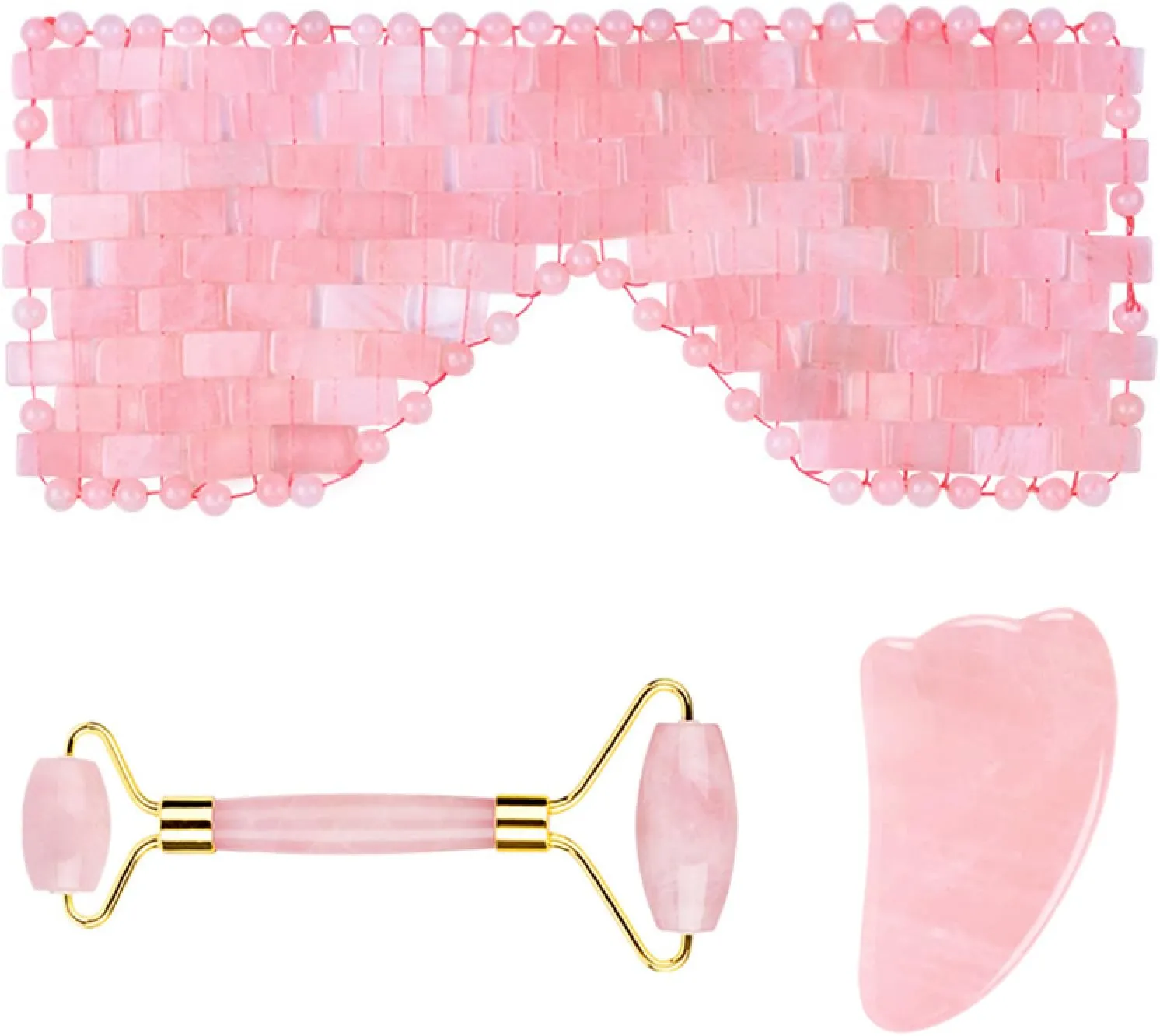 Rose Quartz Roller Gouache Face Eye Mask for Face Lifting Anti-Wrinkle Natural Crystal Facial Care Tool,3in1 Set-Pu-YL
