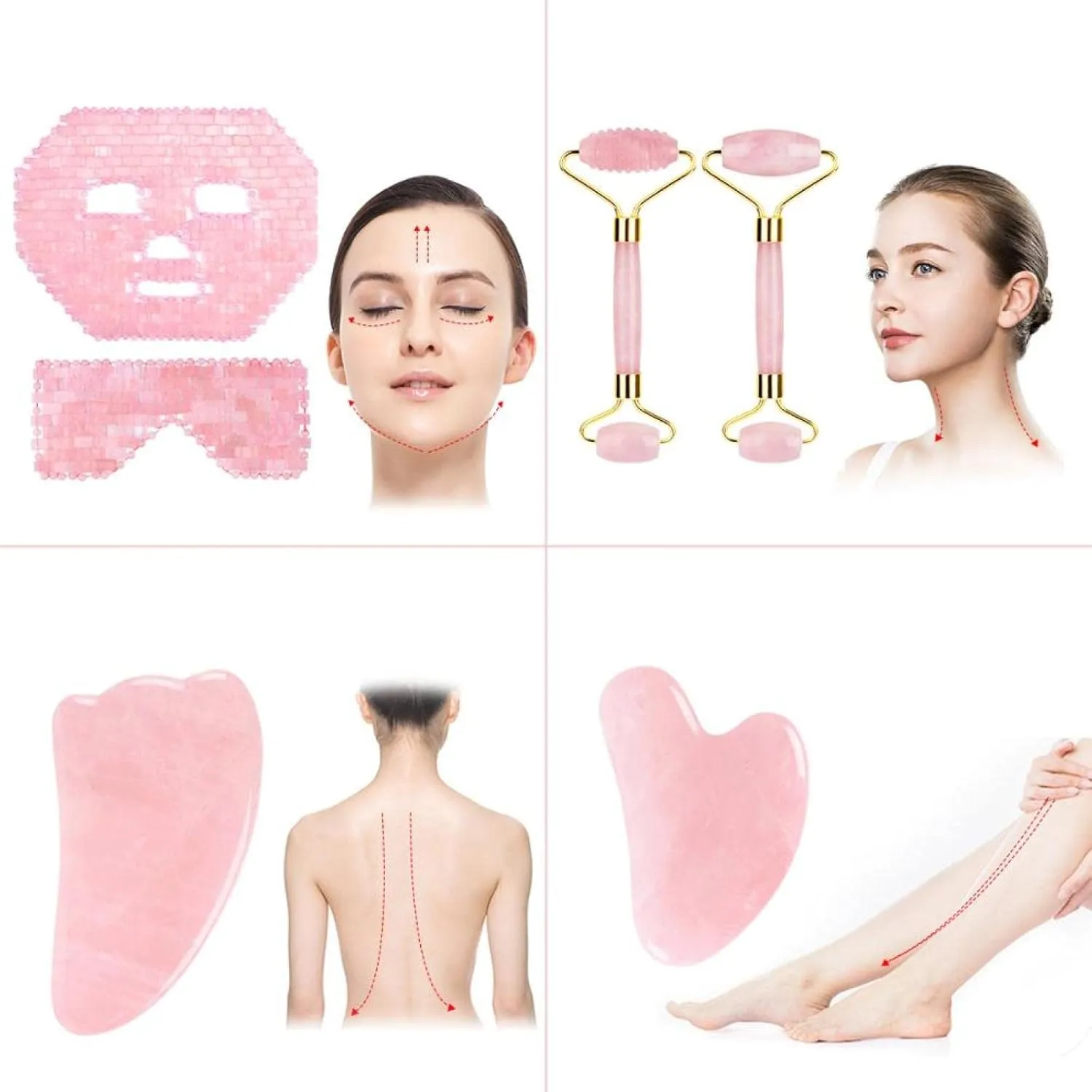 Rose Quartz Roller Gouache Face Eye Mask for Face Lifting Anti-Wrinkle Natural Crystal Facial Care Tool,3in1 Set-Pu-YL