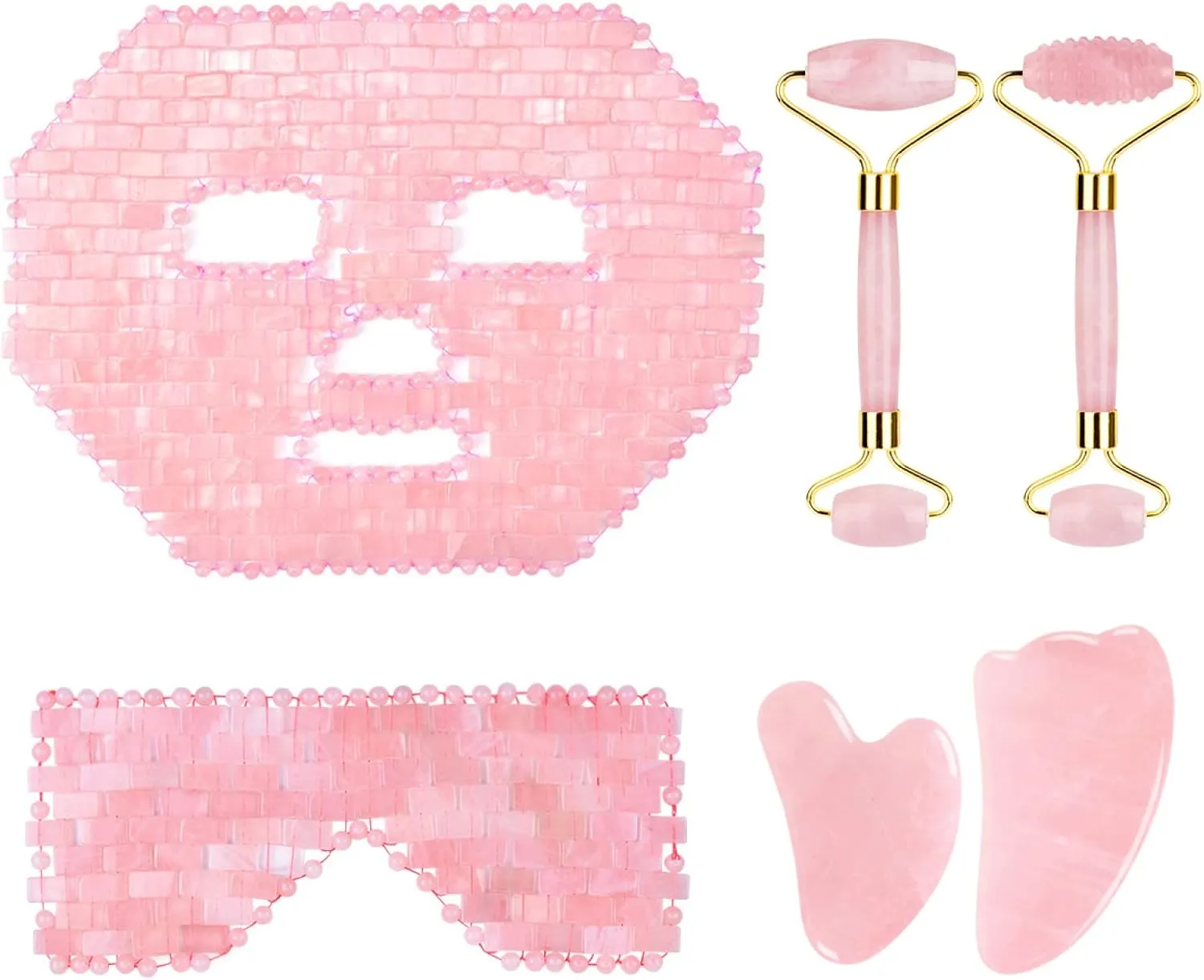 Rose Quartz Roller Gouache Face Eye Mask for Face Lifting Anti-Wrinkle Natural Crystal Facial Care Tool,3in1 Set-Pu-YL