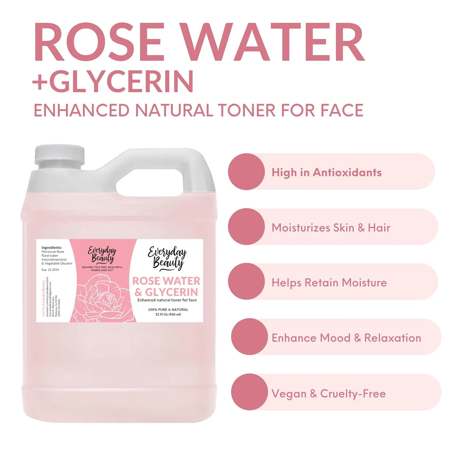 Rose Water & Glycerin Enhanced Facial Toner - 32oz Bulk Alcohol-Free Vegan All Natural Refreshing for Face and Hair - Uplifts, Calming & Soothing for All Skin Types…