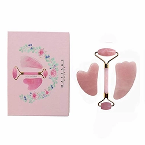Rose Jade Quartz Roller And 2Gua Sha Set For Slimming,Firming,Remove Wrinkles with box #24 (Golden)