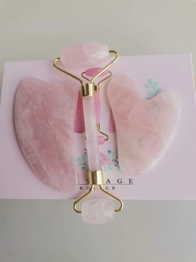 Rose Jade Quartz Roller And 2Gua Sha Set For Slimming,Firming,Remove Wrinkles with box #24 (Rose Gold)