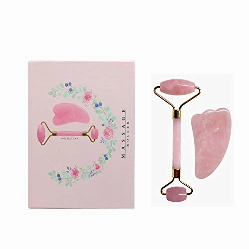 Rose Jade Quartz Roller And Gua Sha Set For Slimming,Firming,Remove Wrinkles #16 (Golden)