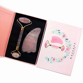 Rose Jade Quartz Roller And Gua Sha Set For Slimming,Firming,Remove Wrinkles #16 (Golden)