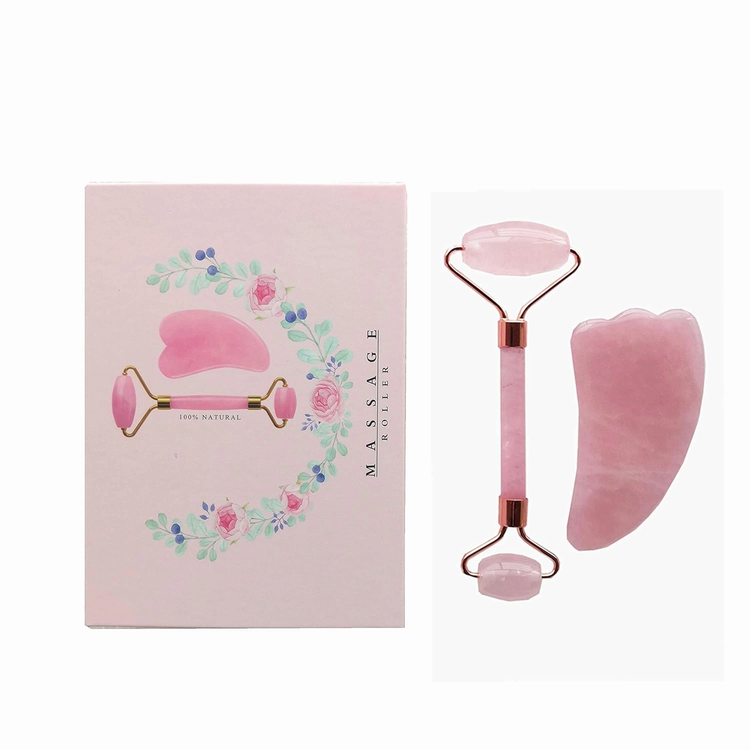 Rose Jade Quartz Roller And Gua Sha Set For Slimming,Firming,Remove Wrinkles #16 (Rose Gold)