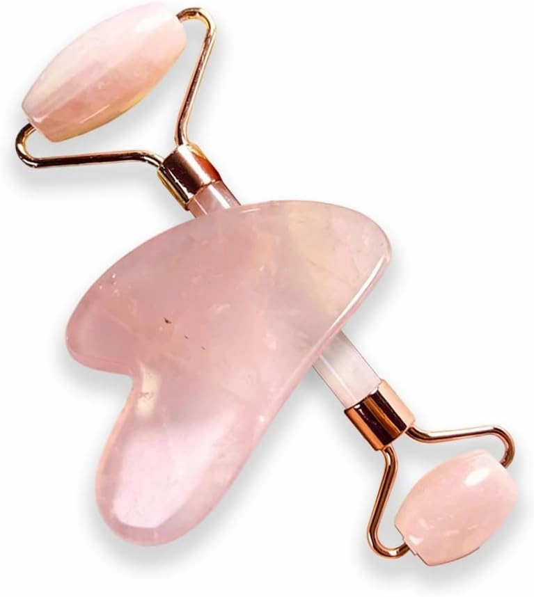 Rose Quartz Crystal Stone Gua Sha and Face Massage Roller Skin Care Tool Set, Gift for Men Women, Massager for Face, Eyes, Neck and Body