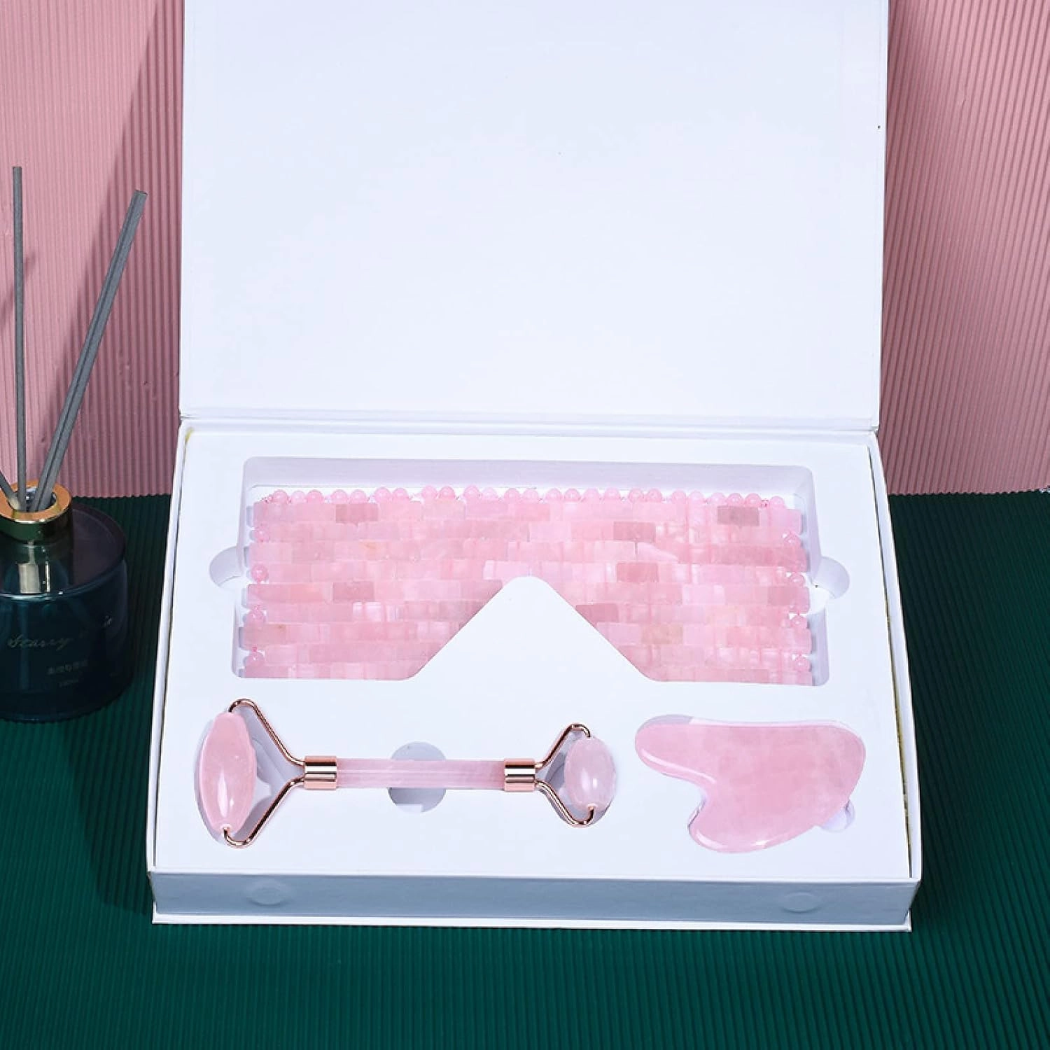 Rose Quartz Face Roller Gouache Scraper Eye Mask Set Facial Massager Gua Sha Relax Tool Natural Jade Neck Massage,Pink