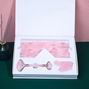 Rose Quartz Face Roller Gouache Scraper Eye Mask Set Facial Massager Gua Sha Relax Tool Natural Jade Neck Massage,Pink