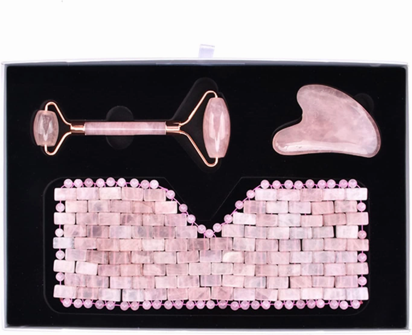 Rose Quartz Face Roller Gouache Scraper Eye Mask Set Facial Massager Gua Sha Relax Tool Natural Jade Neck Massage,Pink
