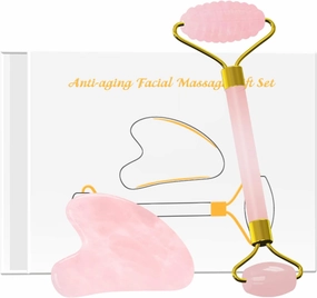 Rose Quartz Face Roller Gua Sha Scraper Set for Facial Massage 100% Natural Pink Crystal Gouache Kit Skin Care Tools,Set-Ci with Box