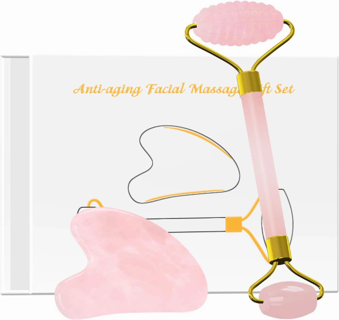 Rose Quartz Face Roller Gua Sha Scraper Set for Facial Massage 100% Natural Pink Crystal Gouache Kit Skin Care Tools,Set-Ci with Box