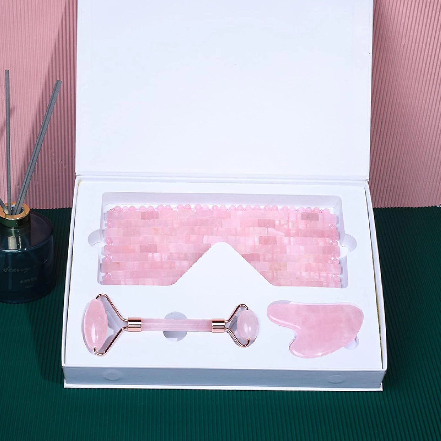 Rose Quartz Face Roller Scraper Eye Mask Set Facial Massager Gua Sha Relax Tool Natural Jade,Pink
