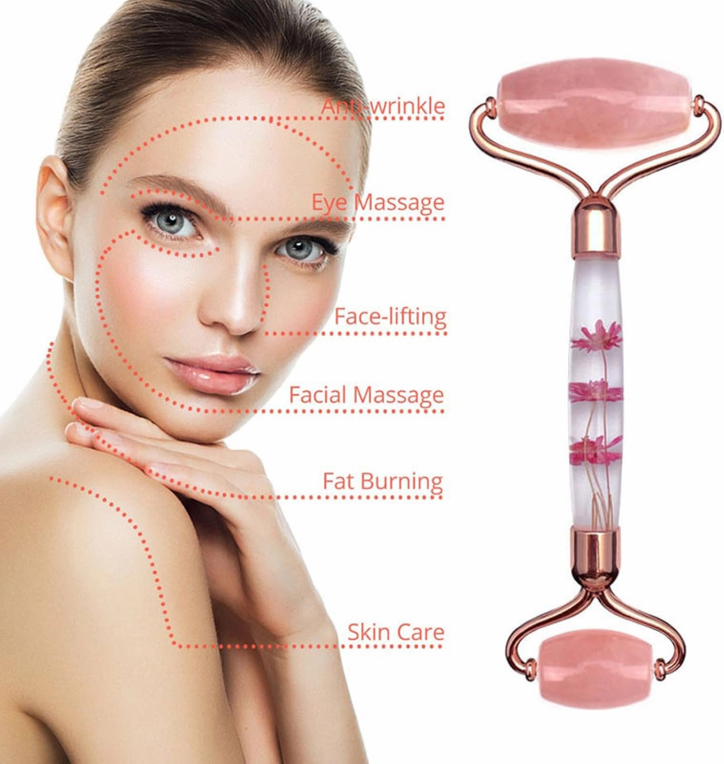 Rose Quartz Gouache Scraper Face Massage Jade Roller Set Natural Gouache Stone Facial Roller Jade,Type C