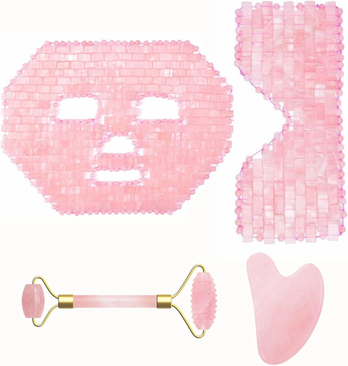Rose Quartz Jade Eye Mask Face Massage Roller Guasha Board Gouache Scraper Natural Stone Face Mask Facial Massager,3pcs Face Set No Box