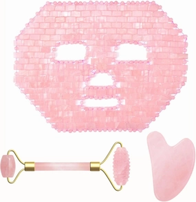 Rose Quartz Jade Eye Mask Face Massage Roller Guasha Board Gouache Scraper Natural Stone Face Mask Facial Massager,3pcs Face Set No Box