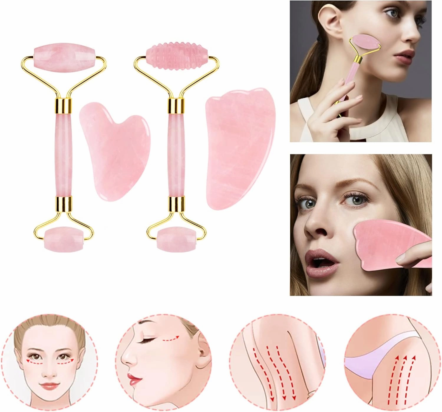 Rose Quartz Jade Eye Mask Face Massager Roller Gouache Scraper Natural Stone Jade Roller Guasha Board Face Mask Facial Massager,Gua Sha-V