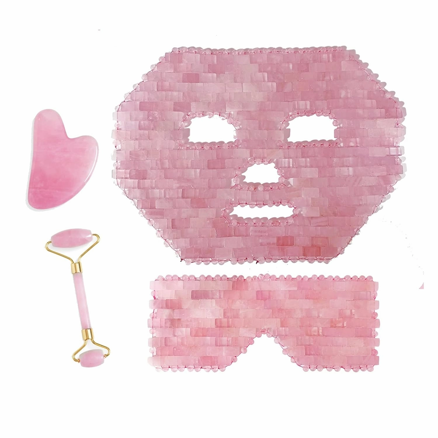 Rose Quartz Mask 4 Pcs Set Jade Ice Sleeping Mask with Jade Roller & Gua Sha & Eyes Mask Reusable Cold Therapy Face Mask Kit Spa Crystal Tool for Depuffing Anti-aging
