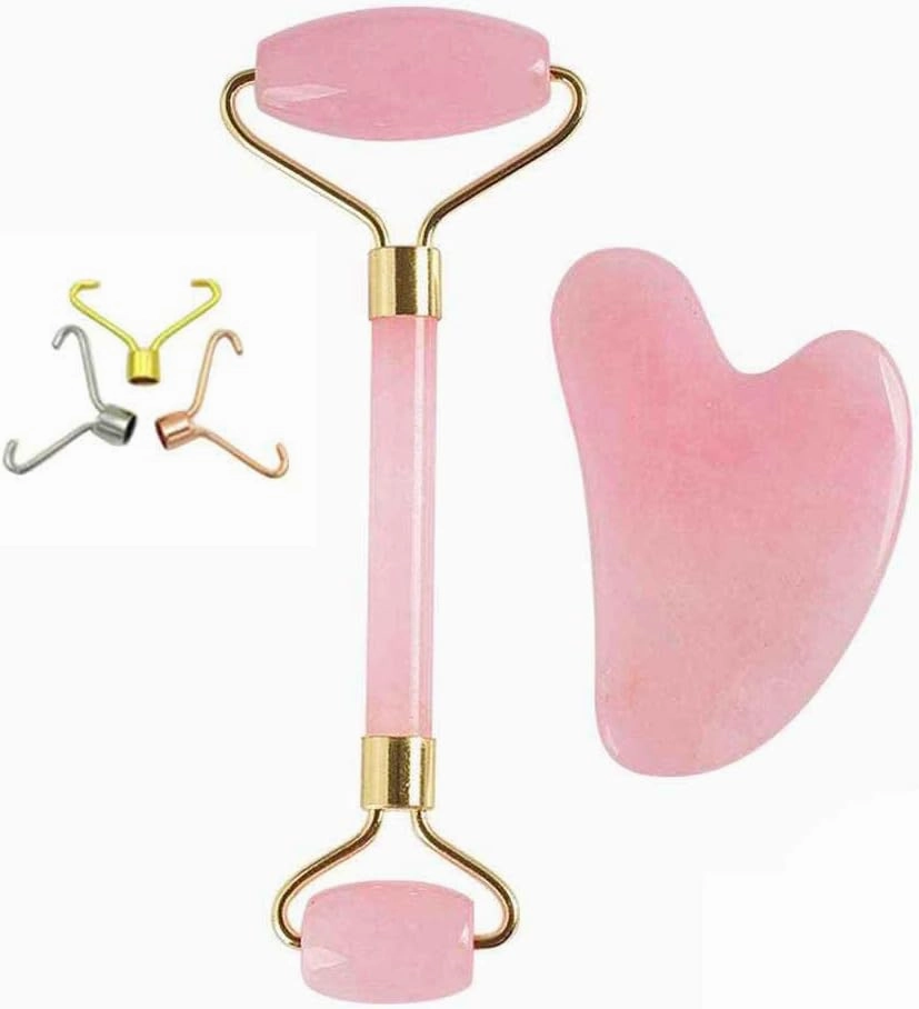 Rose Quartz Roller and Gua Sha Scraping Plate Set,Anti Aging Massager Tool Traditional Facial Scraper Tool