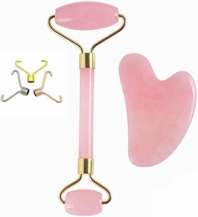 Rose Quartz Roller and Gua Sha Scraping Plate Set,Anti Aging Massager Tool Traditional Facial Scraper Tool