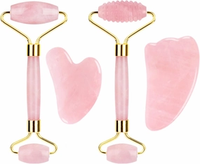 Rose Quartz Roller Gouache Face Eye Mask for Face Lifting Anti-Wrinkle Natural Crystal Facial Care Tool,4in1 Set